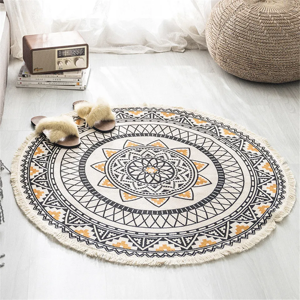 

Nordic Morocco Ethnic Round Carpet Bohemia Tassel Mandala Carpet Living Room Bedroom Cotton Linen Large Area Rugs Floor Mat