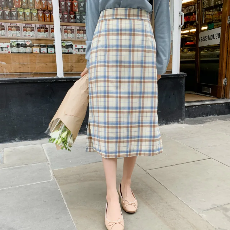 Юбка Женская Осенняя клетчатая с эластичной талией и завышенной 9501|Женские юбки|