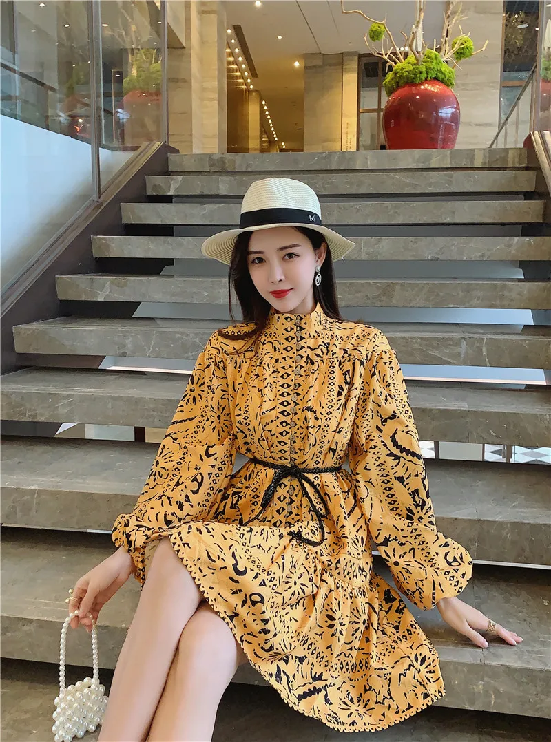 

Fashion Dress Women 2021 Palace Style Single Breasted Printed Short Dress Half-High Collar High Waist Lace-up Full Sleeve Dress