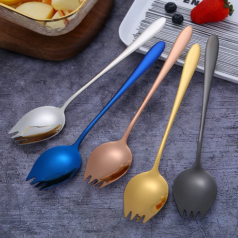 

304 Stainless Steel Long Handle Fork Spoon Creative Teaspoon Tableware Dessert Salad Ice Cream Spoons Kitchen Accessories