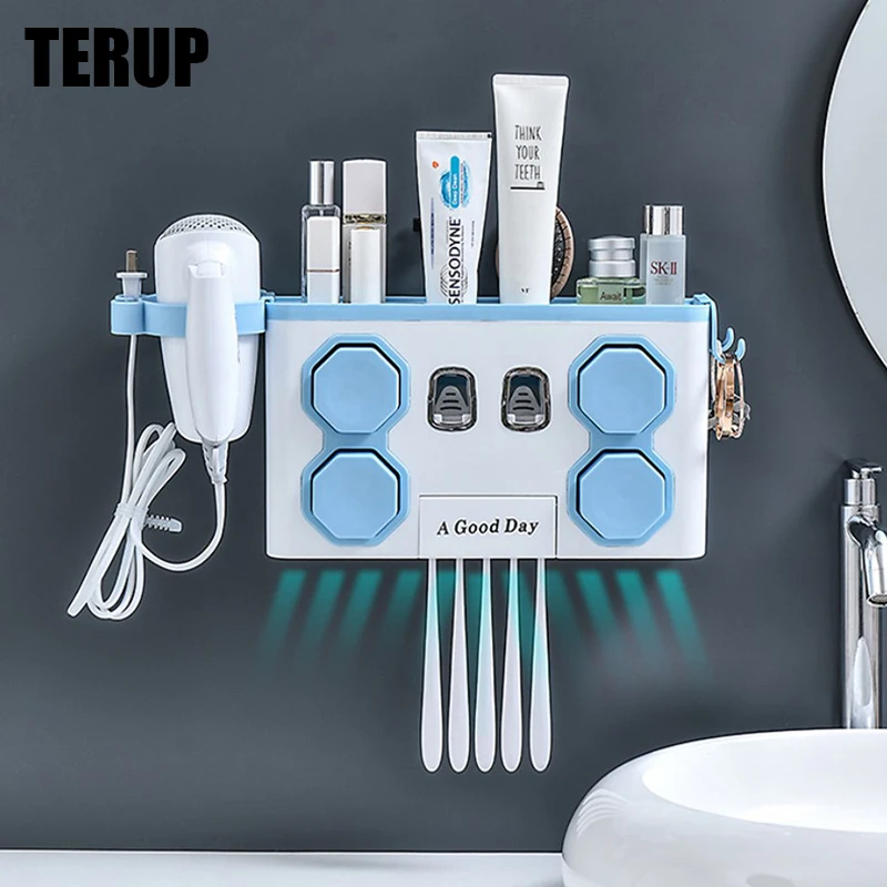 TERUP-Soporte multifuncional para cepillo de dientes, exprimidor autom&aacute;tico de pasta de dientes, organizador de ba&ntilde;o para el hogar, estante de almacenamiento, accesorios de ba&ntilde;o-1