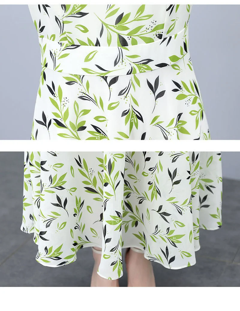 

Summer Leaves Print Chiffon Dress Women Maxi Calf Length Light Fresh Green V-neck Elegant Robes Party Beach Lining Short Sleeve
