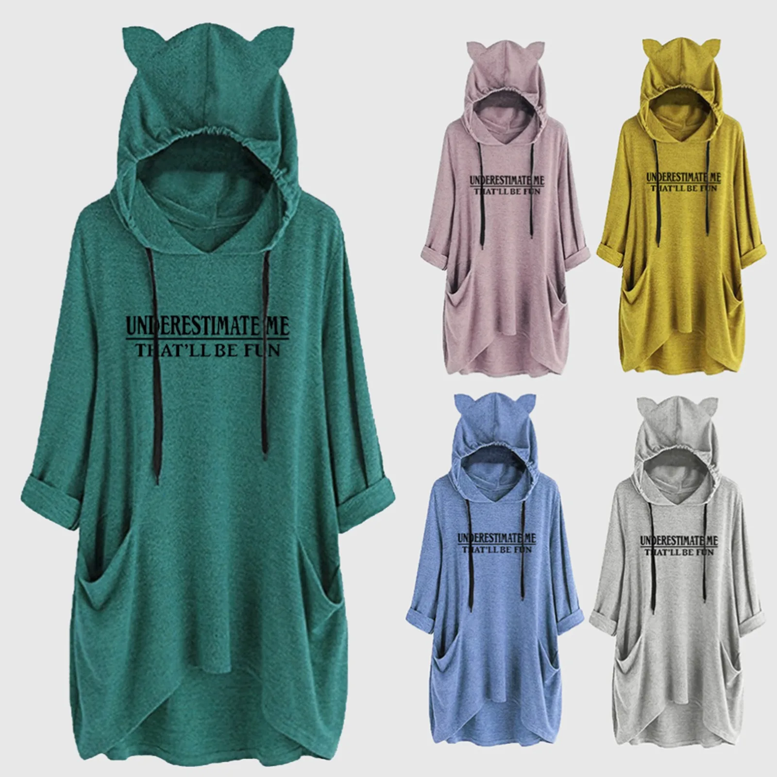 

Женская блузка средней длины с капюшоном и принтом ушей, блузка с рукавами средней длины, Свободный Топ с капюшоном и надписью для женщин и д...