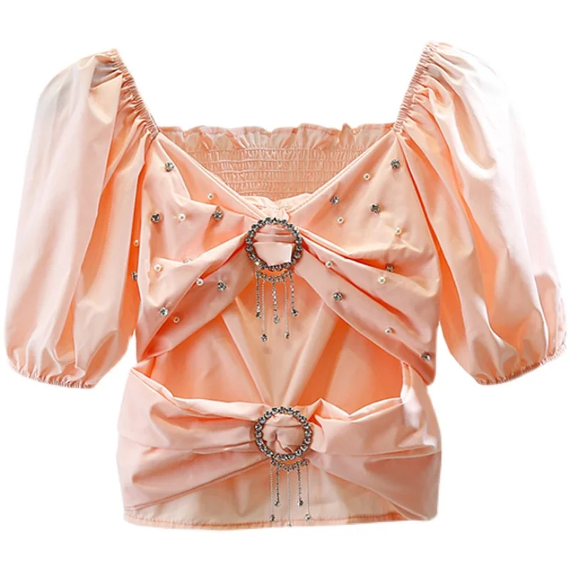 Perles de Diamant Arc Chemise femme Nouveau Manches Courtes Bouffantes Col en V Hors Épaule Slim Nombril Exposé Haut Court Dames Blouses