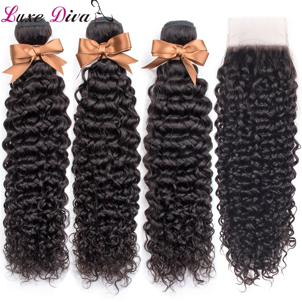 Luxediva Brazilian Afro Kinky Curly Human Hair Bundles With Closure 3 Bundles Natural Color Brazilian Human Curly Remy Hair