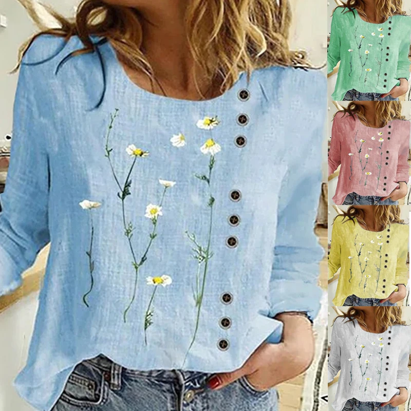 

Women Casual Floral Print Top Spring&autumn Fashion Round Collar Long Sleeve Shirt Summer Loose Blouses