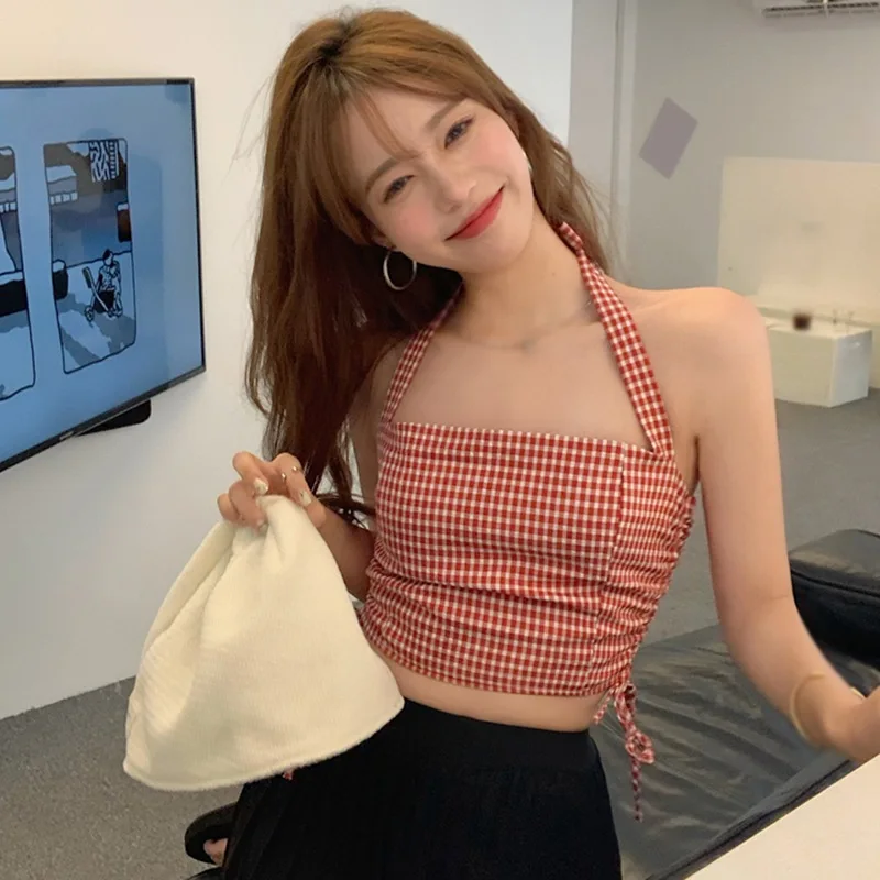 Топ женский клетчатый на шнуровке пикантная Облегающая майка с лямкой через шею -