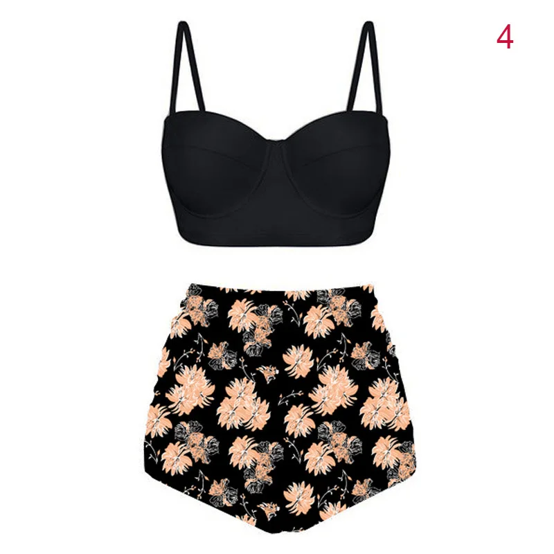 

Women High Waist Tankinis Top with Pants Strappy Crop Tops Print Slim Fit Shorts Swimsuit ALS88