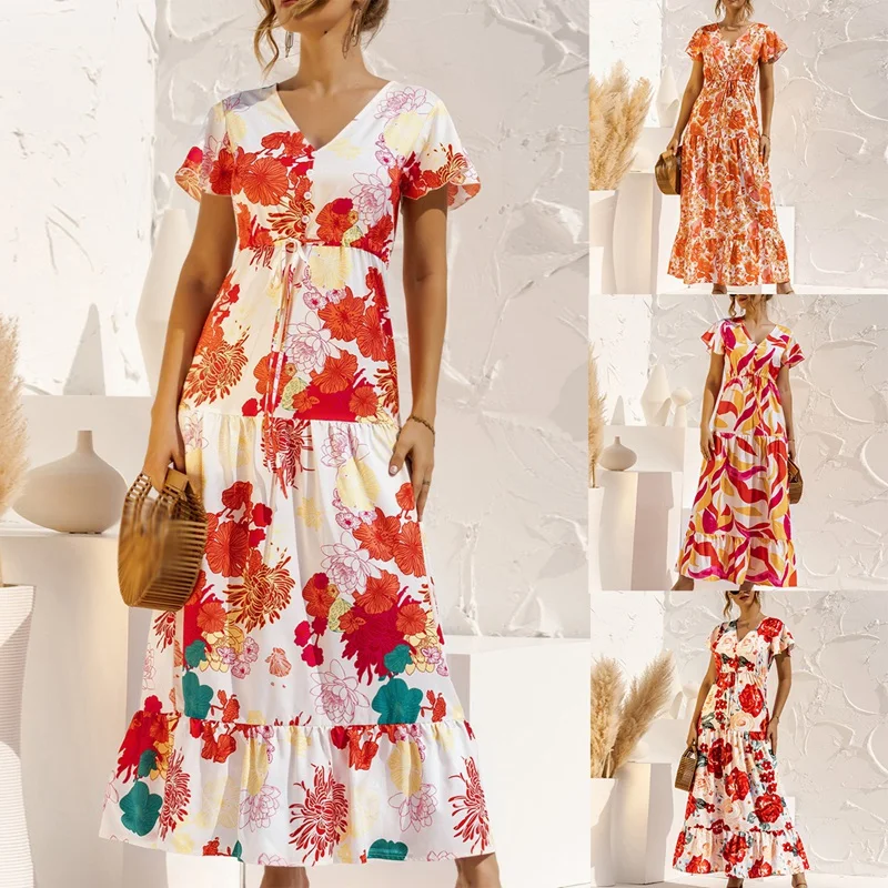 

Women's V-Neck Button Stitching Dress Bohemian Print Long Dress