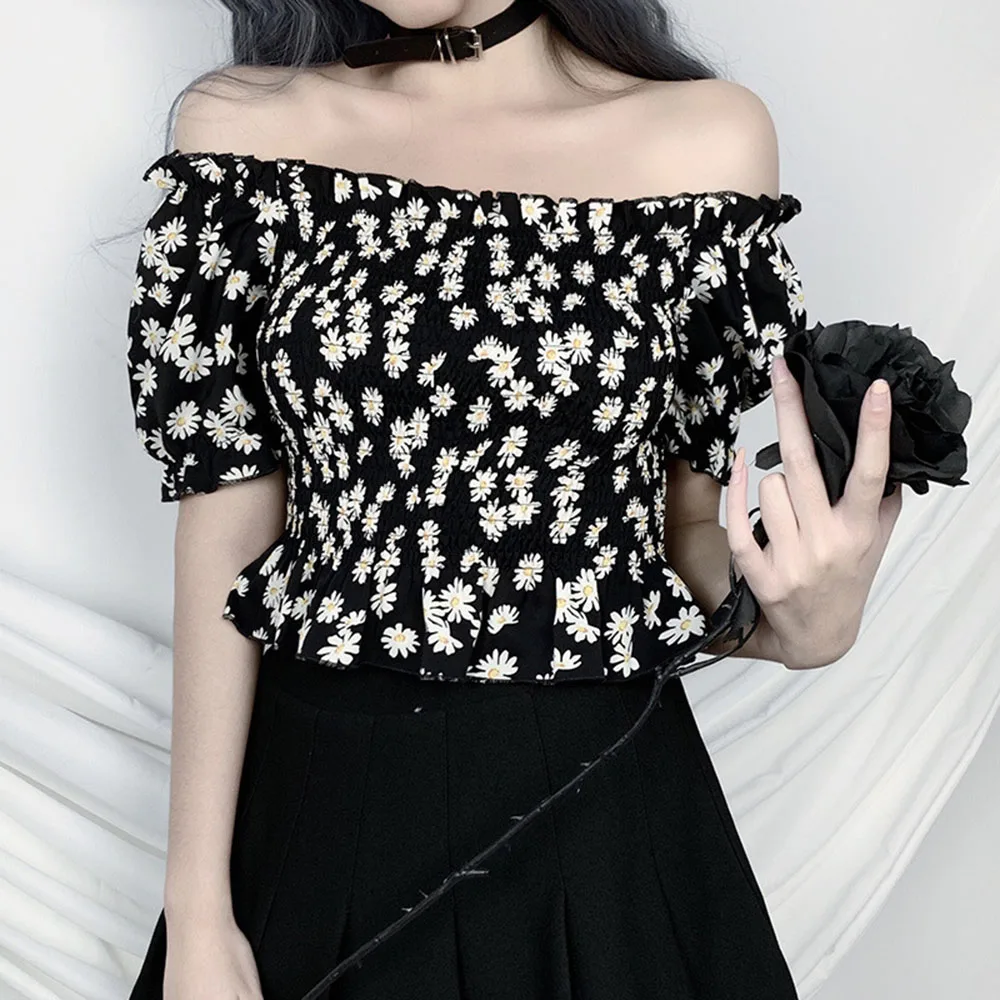 Gothic Chic Floral Blouse Summer Off Shoulder Sexy Blouses Women Tops Black Pleated Shirt Girl Goth Club Beach Shirts Crop Top | Женская