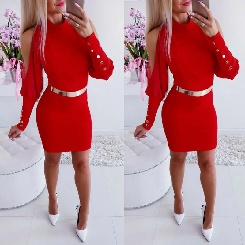 Женское коктейльное мини платье с открытой спиной длинным рукавом и круглым