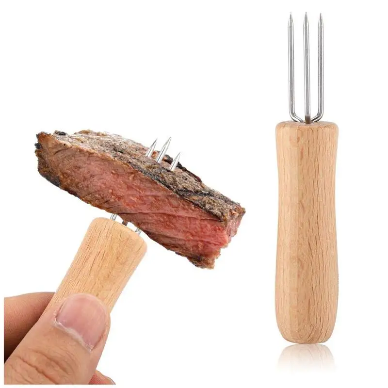 

4Pcs BBQ Meat Fruit Forks Corn Holders Wooden Handle Stainless Steel Forks Home Camping Barbecue Anti Scalding Forks BBQ Tools