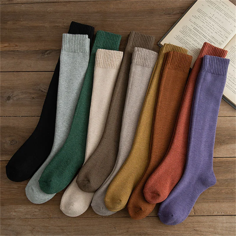 

10 Colors Women's Socks Cotton Long Socks Trick Warm Solid Color Sock Thickened Calf Socks Terry Stockings Solid
