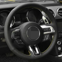 diy hand stitched non slip black genuine leather car steering wheel cover for ford mustang 2015 2019 mustang gt 2015 2019