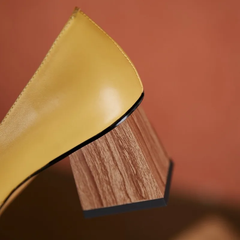 

Pumps High Heels Real Leather Women Shoes New Fashion 2021 Square Toe Cowhide Slip On Wood Grain Heel Party Shoes Big Size 34-43