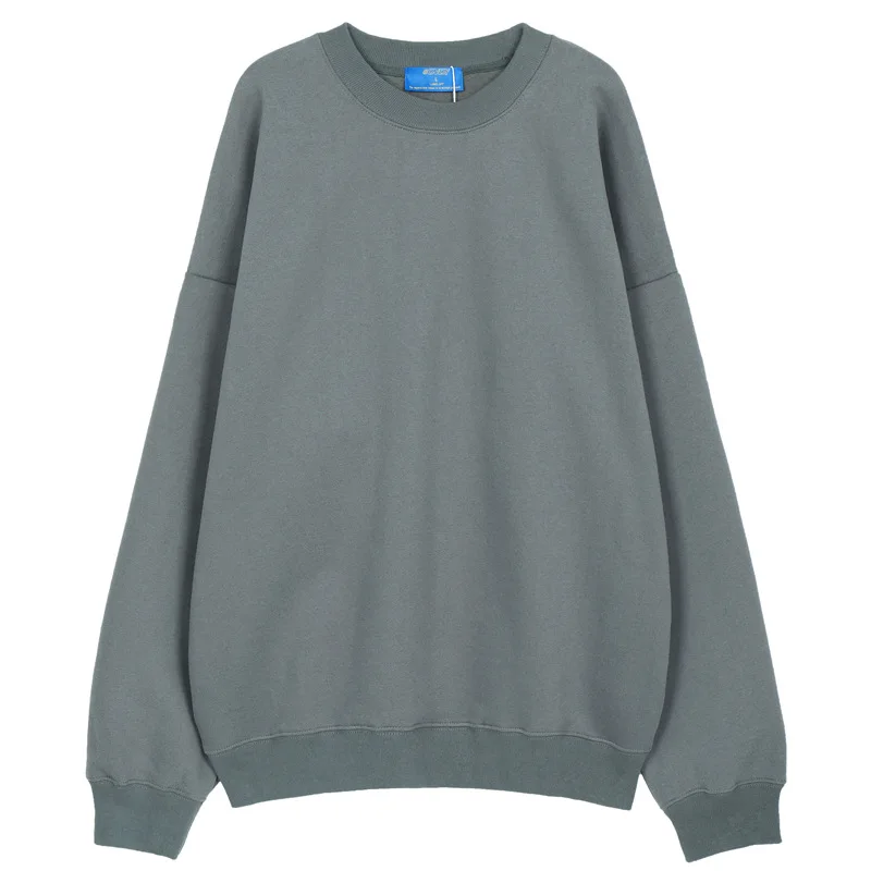 

Autumn Winter New Sweatshirt Men Street Tide Oversize Plus Velvet Thick Solid Color Simple Loose Drop Shoulder Round Neck Tops