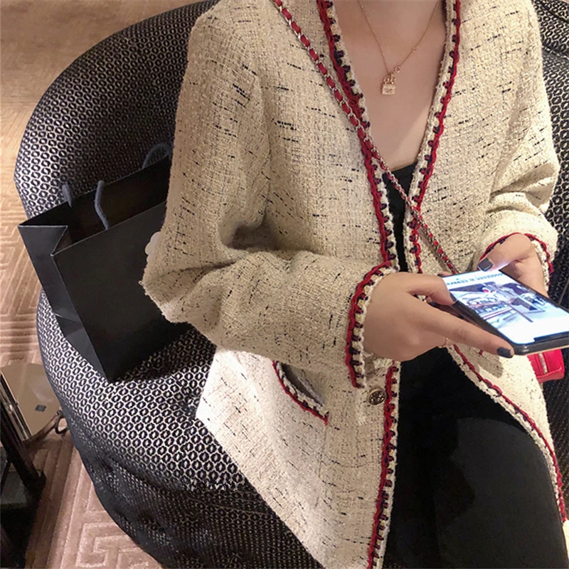 

Loose Designer Jacket Coat French Vintage Oversized Outwear Autumn Winter Tweed Jackets Women Plaid Single Breasted Korean