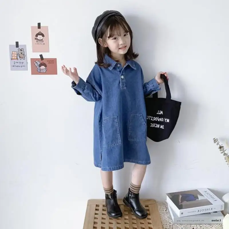

2022 Spring Girls Dresses Toddler Baby Girls Long Sleeved Turn-down Collar Denim Dress Children 1-7t Kids Casual Lovely Outfits