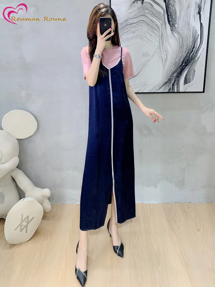 

Acetic acid halter skirt women's summer 2021 new new solid color T-shirt contrast color splicing split dress