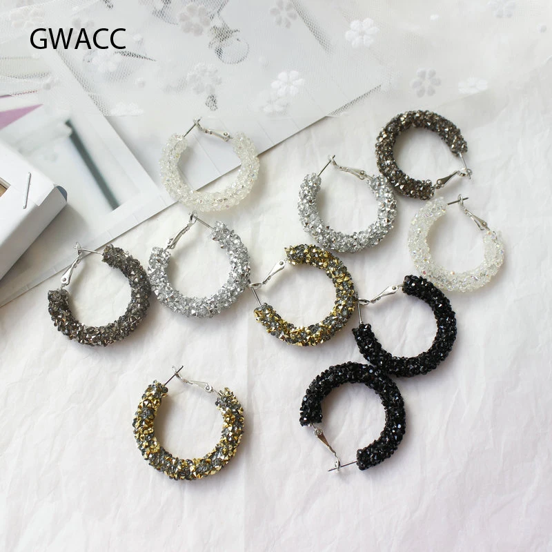 

INKDEW New Design Trendy Charm Beads Crystal Hoop earrings Geometric Round Shiny Big Earrings For Women Gift Party Earrings