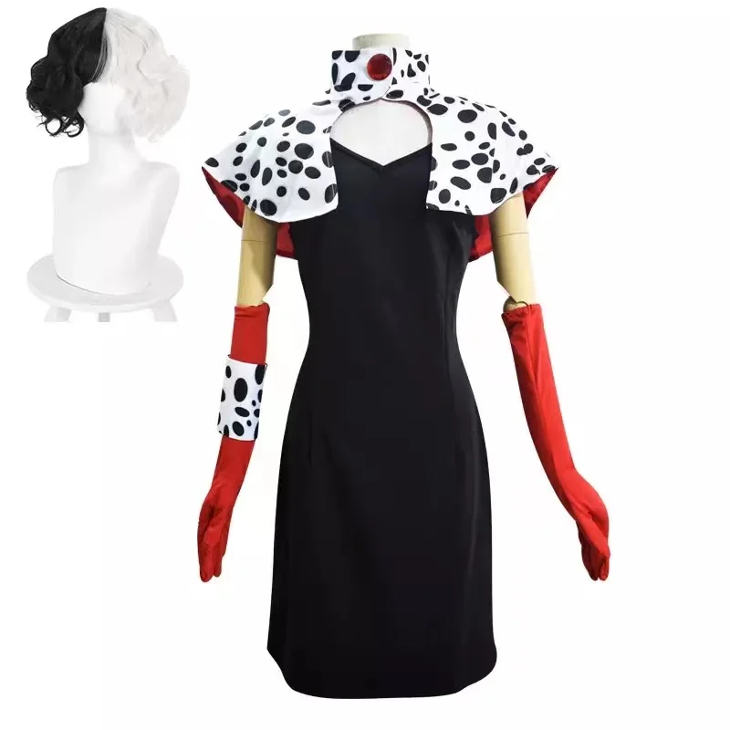 

Костюмы для косплея по мотивам фильма Круэлла, платья с париком для женщин, карнавальный костюм на Хэллоуин, платье для танцев