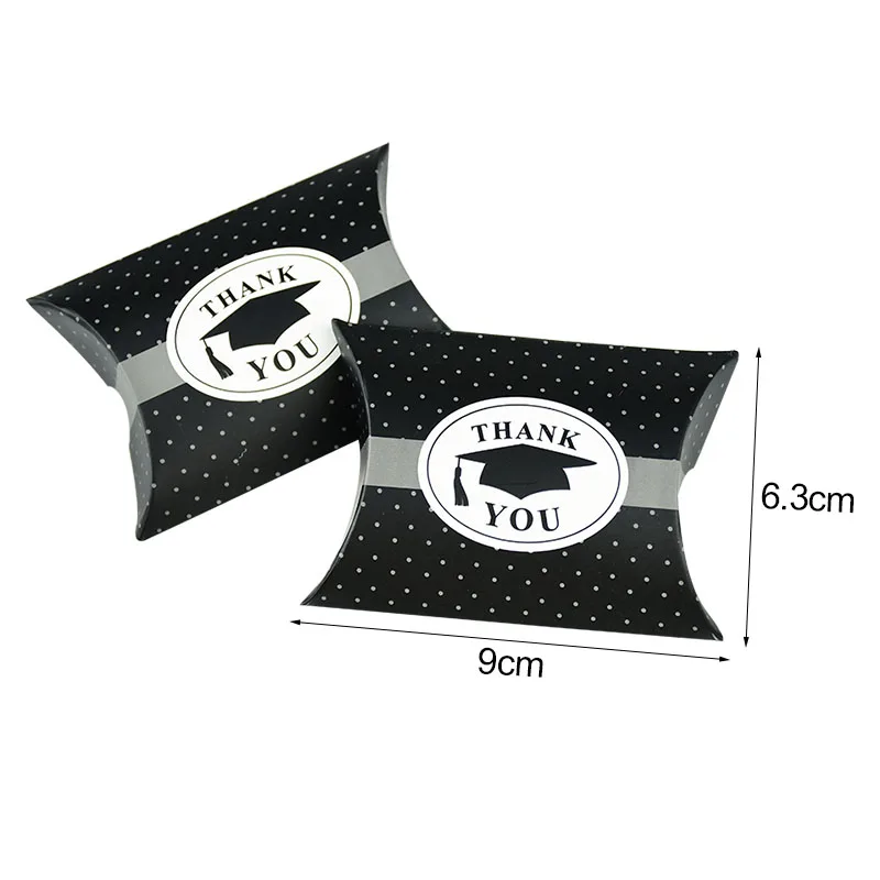 

10pcs Bachelor Cap Hat Candy Box Thank You Black Dot Pillow Shape Cookie Candy Box For Graduation Party Gift Packing Decoration