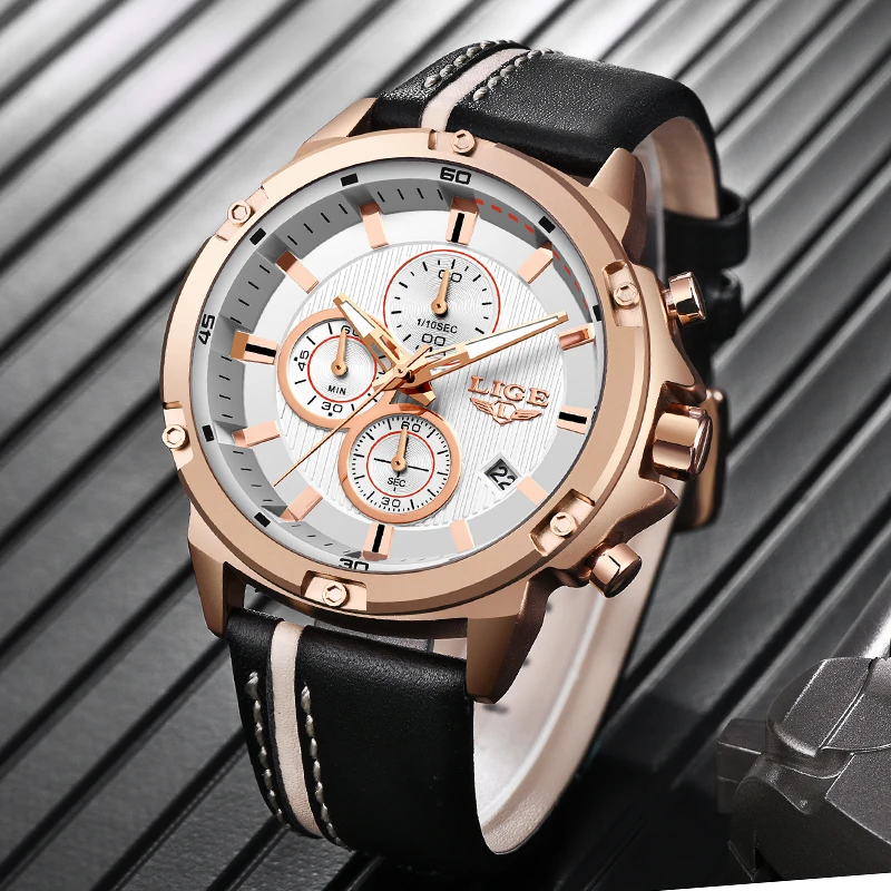 LIGE мужские часы спортивные повседневные кожаные водонепроницаемые кварцевые с