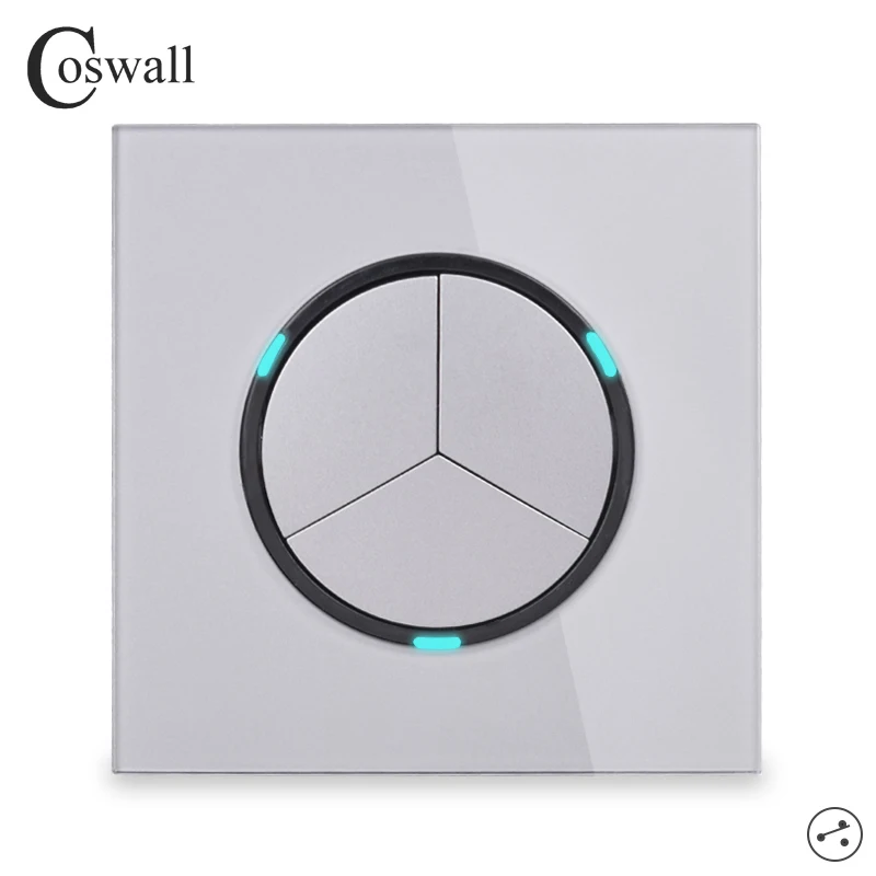 Серый Coswall 3 банда 2 способа случайный щелчок вкл/выкл настенный светильник светодиодный индикатор проходной переключатель переключаемая стеклянная панель Серый - Цвет: Серый