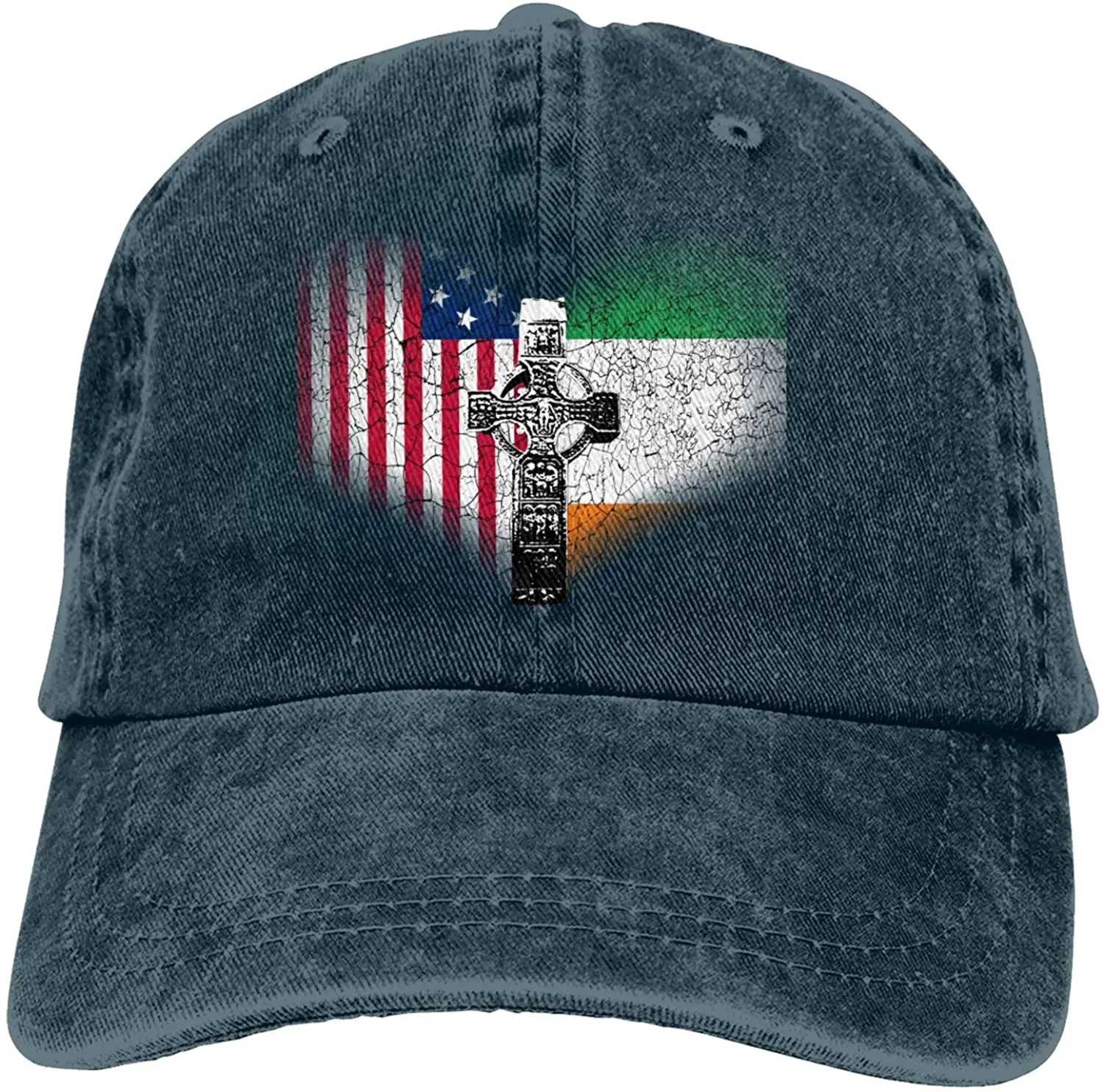 

Irish American USA Flag Celtic Cross Sports Denim Cap Adjustable Unisex Plain Baseball Cowboy Snapback Hat