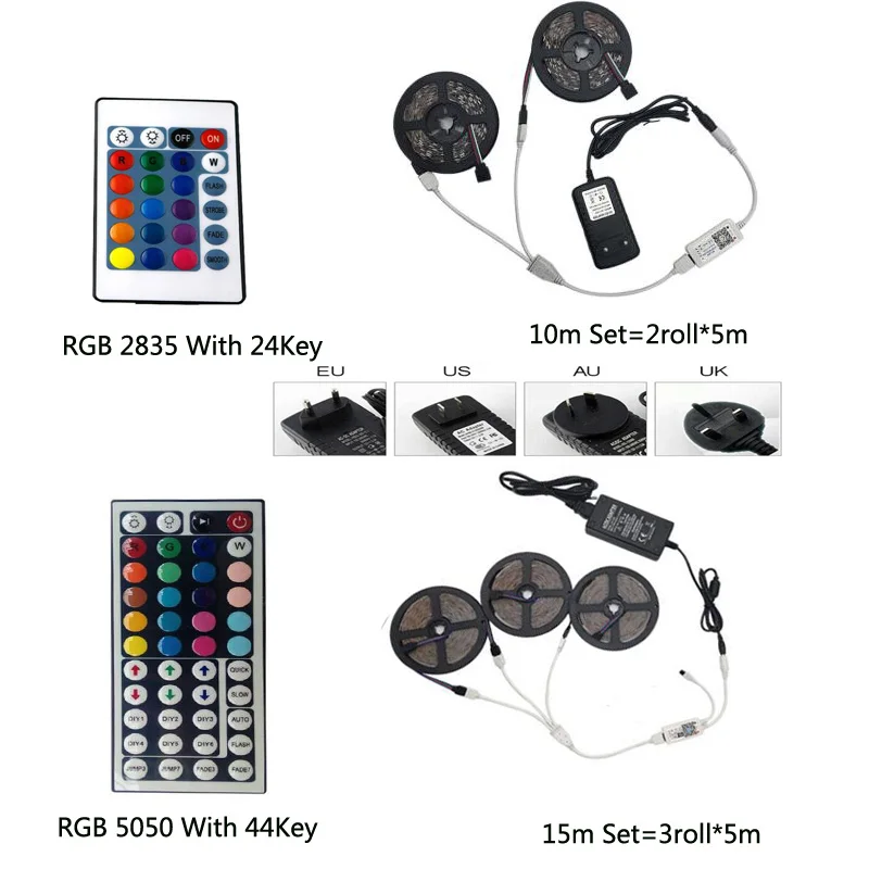 Rgb led 3528 2835 гибкая света не водонепроницаемый 5 м 300LED+ 24key ИК-пульт дистанционного управления+ DC12V питания Адаптер ЕС/США/AU/UK