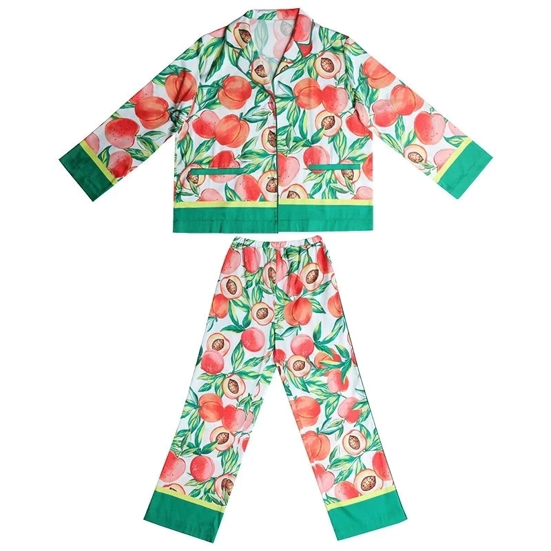 2023 Autumn Tropical Printed Silk Satin Pajamas Set Sleepwear Loungewear for Women Pyjama Female 2 Pieces Women's Home Clothing