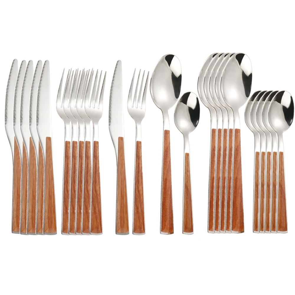 

24pcs 304 Dinnerware Set Steak Knife Stainless Steel Imitate Wooden Handle Cutlery Tableware Silverware Fork Tea Spoon Flatware