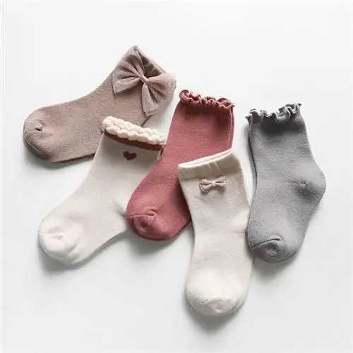 

5Pairs/Pack Kids Girls Socks Bow Lace Children's Socks Casual Cotton Baby Girls Princess Style Autumn Winter Accessories
