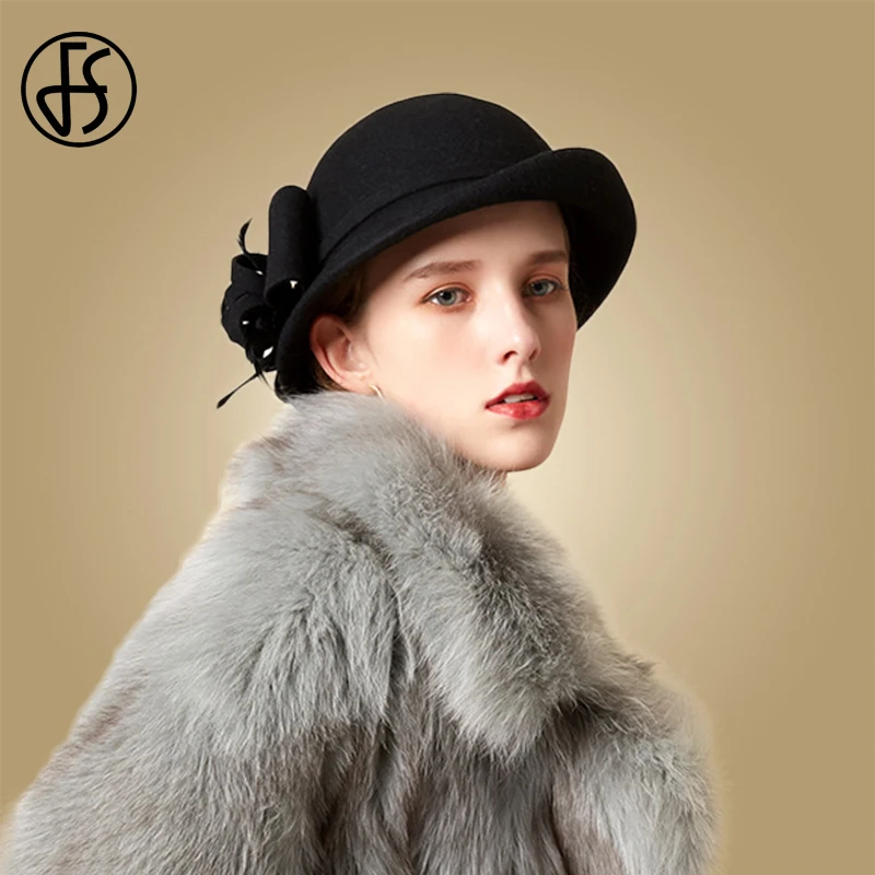 Женская шерстяная шляпка-федора FS черная или красная шляпка с вуалью цветочным