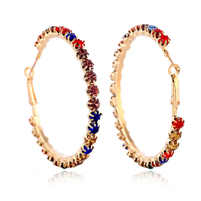 

5-10cm Blend Colour Annular Earrings Round Woman Hoop Bohemia Jewellery Rhinestone Crystal C Shape Boutique Gift Party