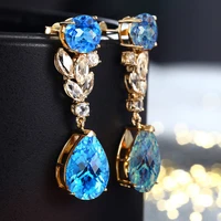gorgeous sky blue cz long dangle earrings for women full brilliant cubic zirconia wedding engagement party statement jewelry