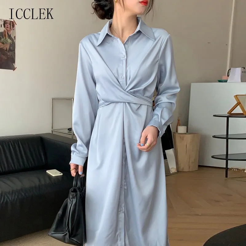 

2021 Spring Summer New One-Piece Korean Fashion Ladies Dress Lapel Single Breasted Satin Women'S Shirt Dress Midi Dress Female