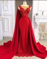 red formal dress evening for woman plue size 2021 mermaid satin and lace beaded saudi arabia dubai prom evening gown with shawl