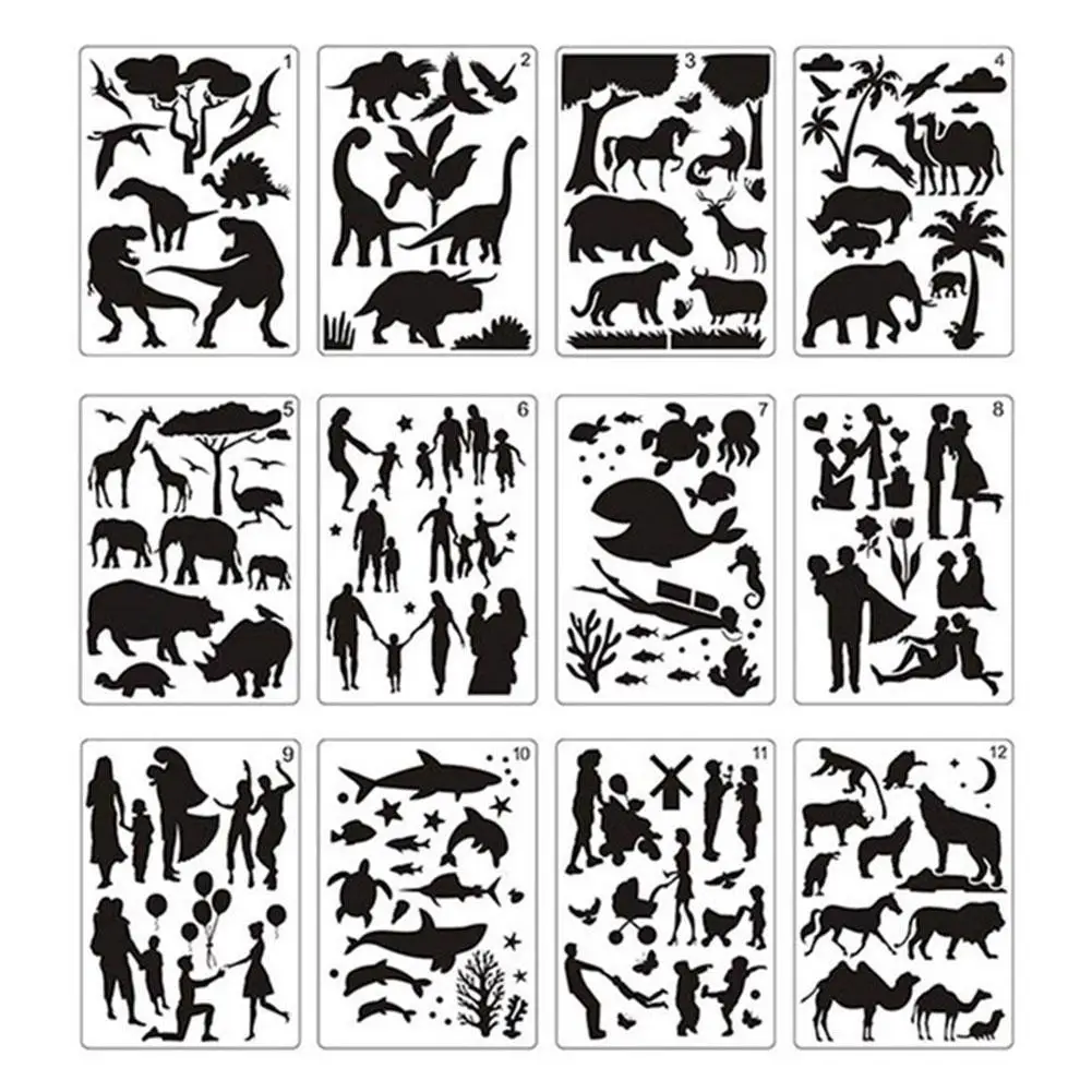 

12 Pcs Character Drawing Template Children's Puzzle Template Animal Plant Template Anc Template Exquisite Stationeryient Style
