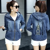 3306 2021 spring women jeans jacket short slim with hooded back embroidery zipper women jeans jacket fashion plus size 3xl