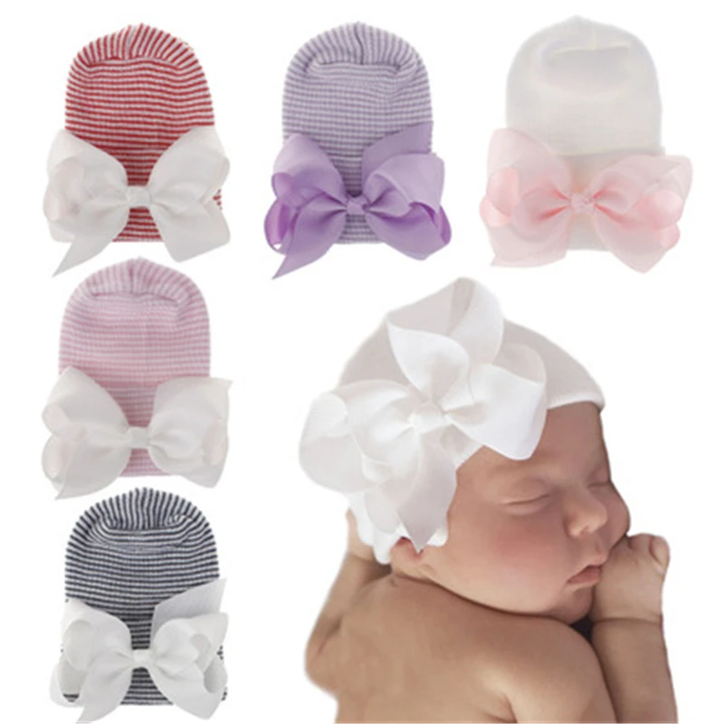 

2021 Cute Newborn Baby Girl Comfy Grosgrain ribbon Bowknot Hospital Cap Infant Beanie Hat Knitted Striped Baby Girl Caps Toddler