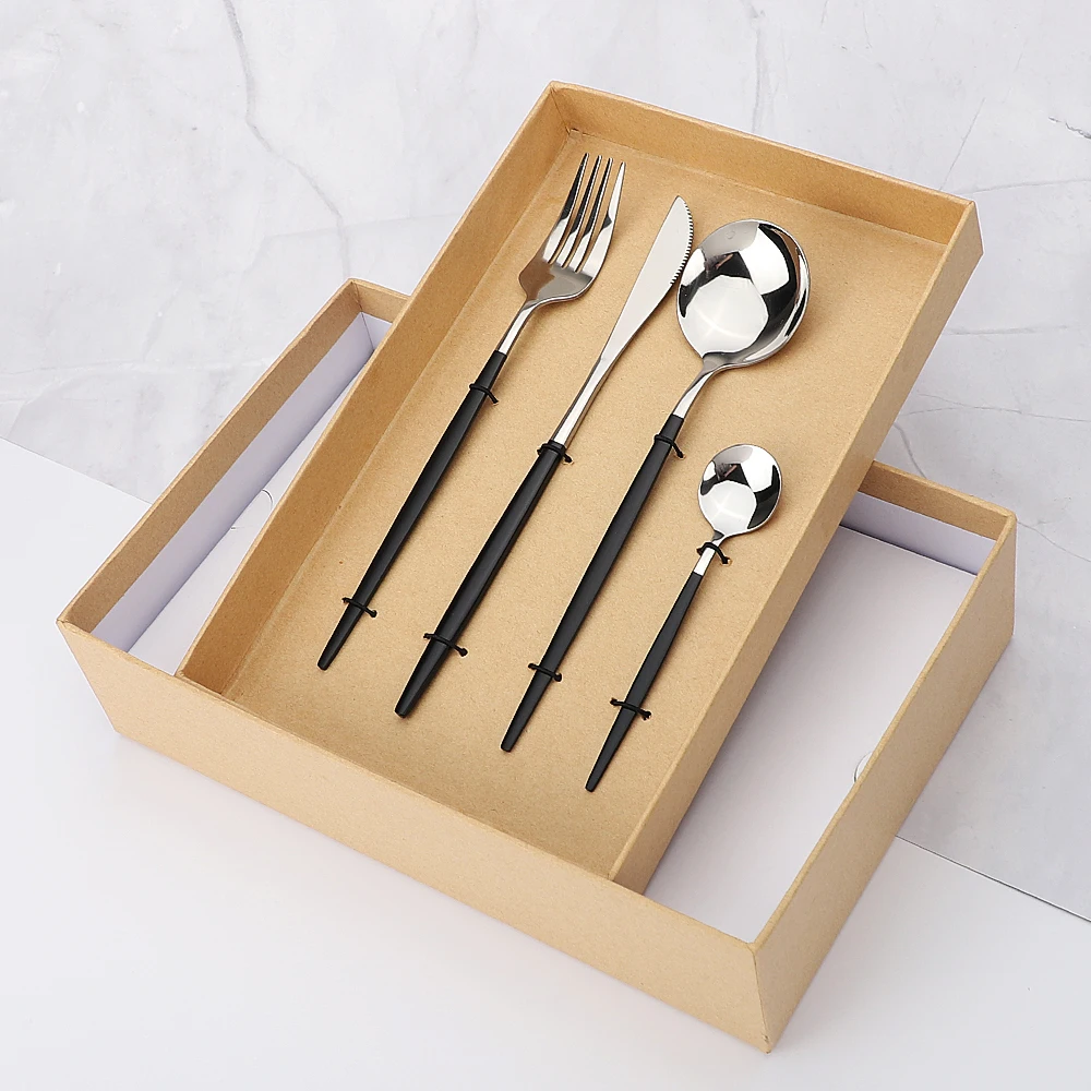 

Silverware and Black Handle Bright Cutlery Set 16 Piece Forks Spoons Knives Dinner Cutlery Set Stainless Steel Dinnerware Set
