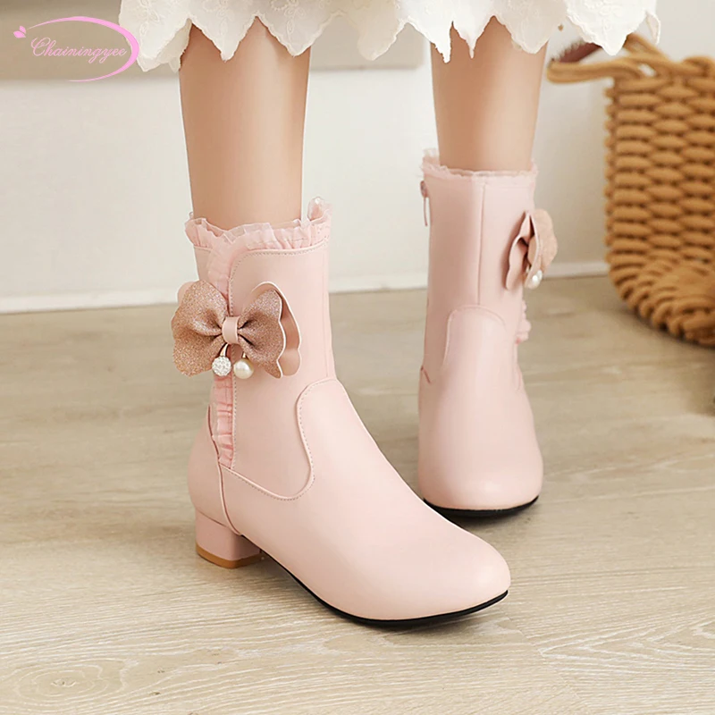 

Ботильоны женские с круглым носком, модные байкерские ботинки на молнии, с оборками и бантом, на массивном каблуке, большие размеры