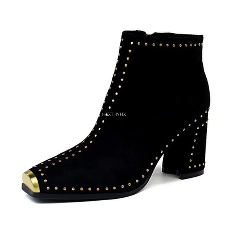 

2021 Suede Vintage Rivet Women motorcycle Boots Fashion Metal square toe Ankle boots Autumn Winter High heels Warm Boots Shoes