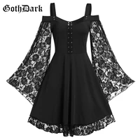 goth dark gothic aesthetic vintage women autumn dresses grunge lace patchwork flare sleeve black a line dress punk partywear