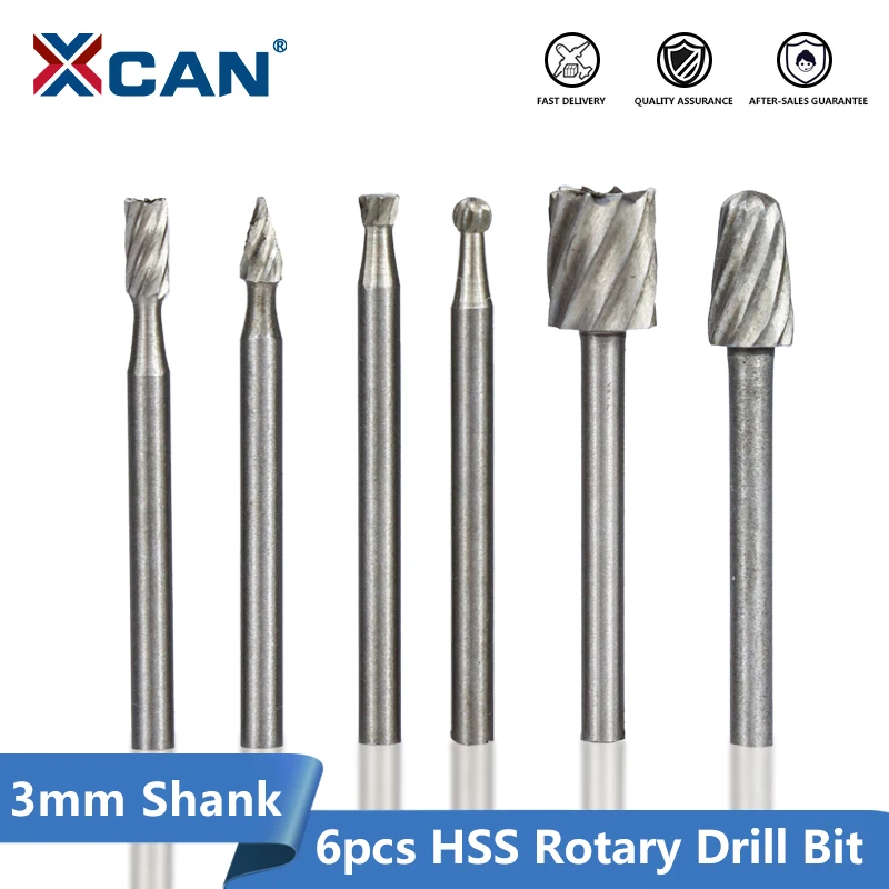 XCAN HSS Routing Milling Bit 6pcs 3mm Shank Rotary Cutter for Dremel Tools Mini Drill Burrs | Инструменты