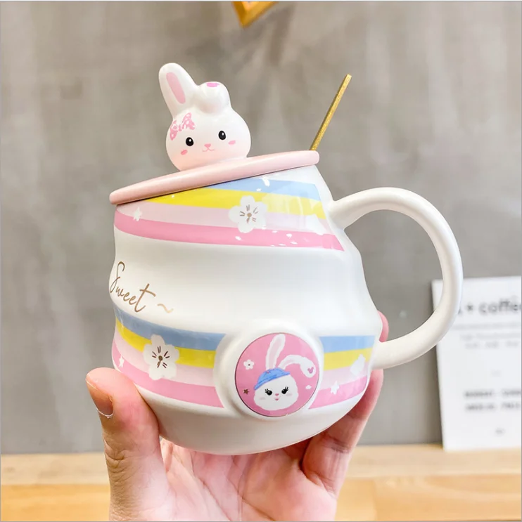

Cute cartoon rabbit ceramic coffee cup and cup with lid spoon cartoon heat-resistant couple cup student breakfast milk cup mug
