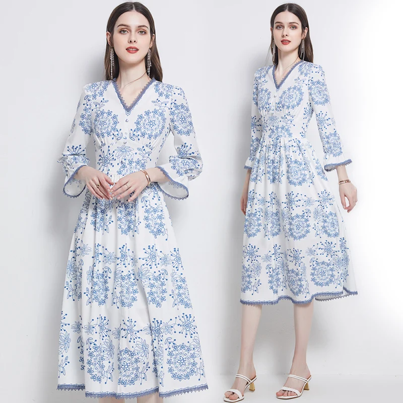 

Lady Dress summer vintage chic print High Waist V-neck gathered waist bubble sleeve dress Slim Charming dress Elegant women