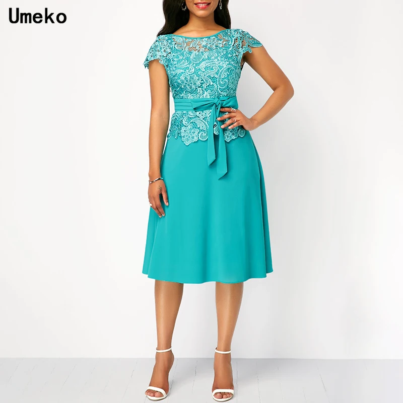 

2020 Summer Elegant Women Fashion Bow Lace Patchwork Maxi Dress with Belt Short Sleeve Knee Pure Solid Knee Length Party Dress