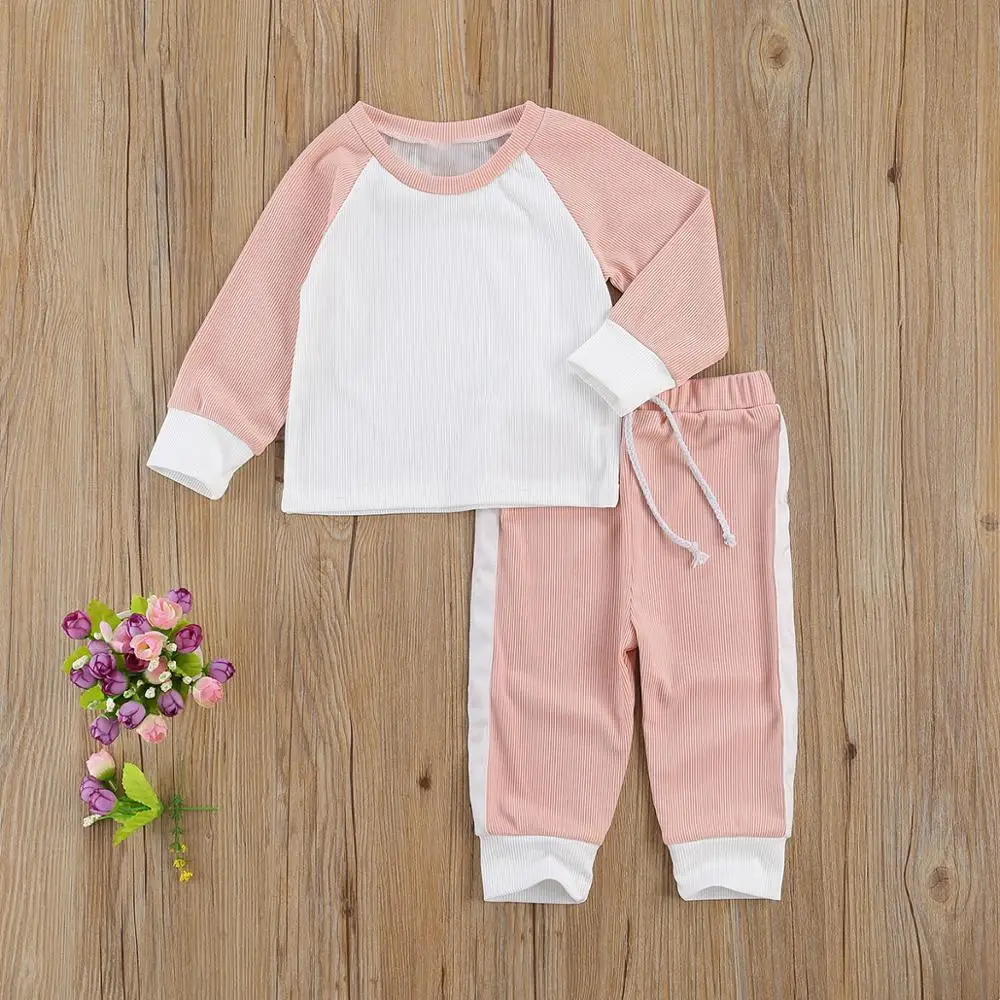 

0-3Y Toddler Baby Girls Boys Clothes Sets Kids Solid Patchwork Long Sleeve Pullover Sweatshirt Tops Long Pants Casual Tracksuit